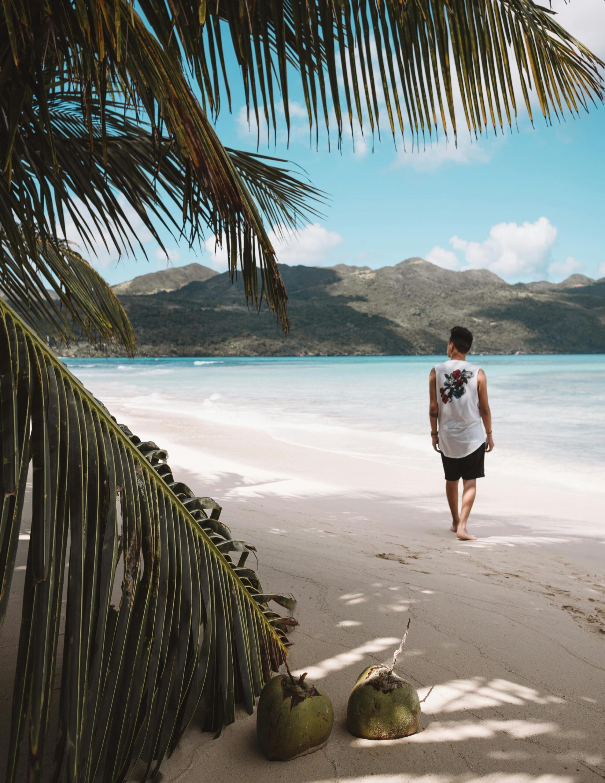 Man strolling along Playa Rincón's serene beach in Samaná, Dominican Republic.